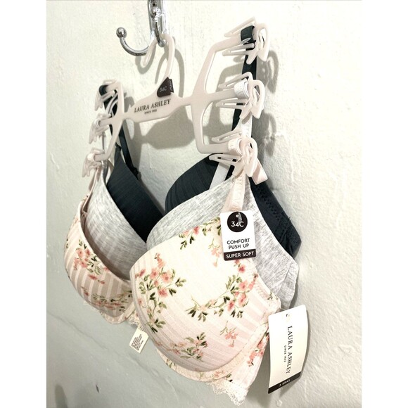 Laura Ashley Push Up Bra Women’s Comfort 3 Pack Size 34C Floral Gray Pink Lace - Picture 4 of 12